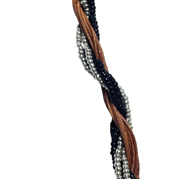 12 Strand Black And Gold Seed Bead Necklace With Floral Jasper Pendant (5892) - Picture 5 of 6